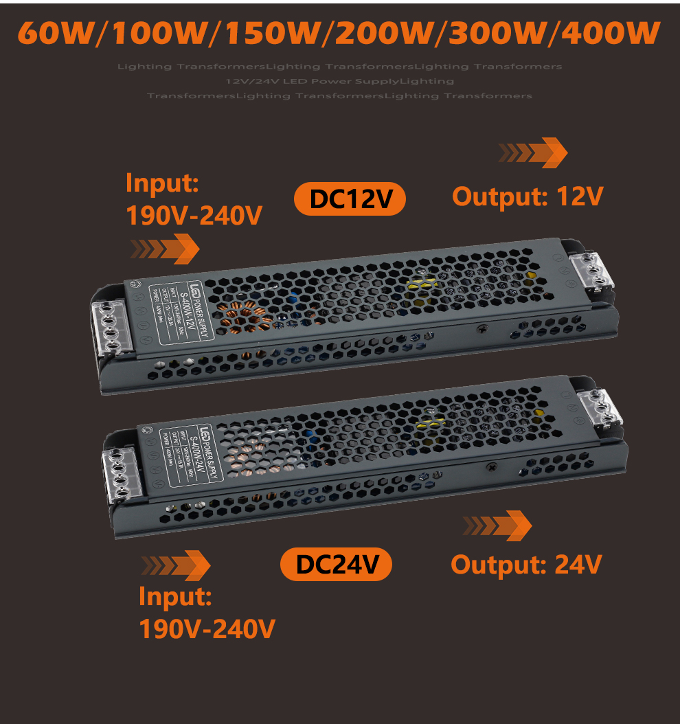Controlador de transformadores de iluminación LED 12V/24V fuente de alimentación silenciosa 60W 100W 200W 300W 400W 190-240V adaptador convertidor de tira Led