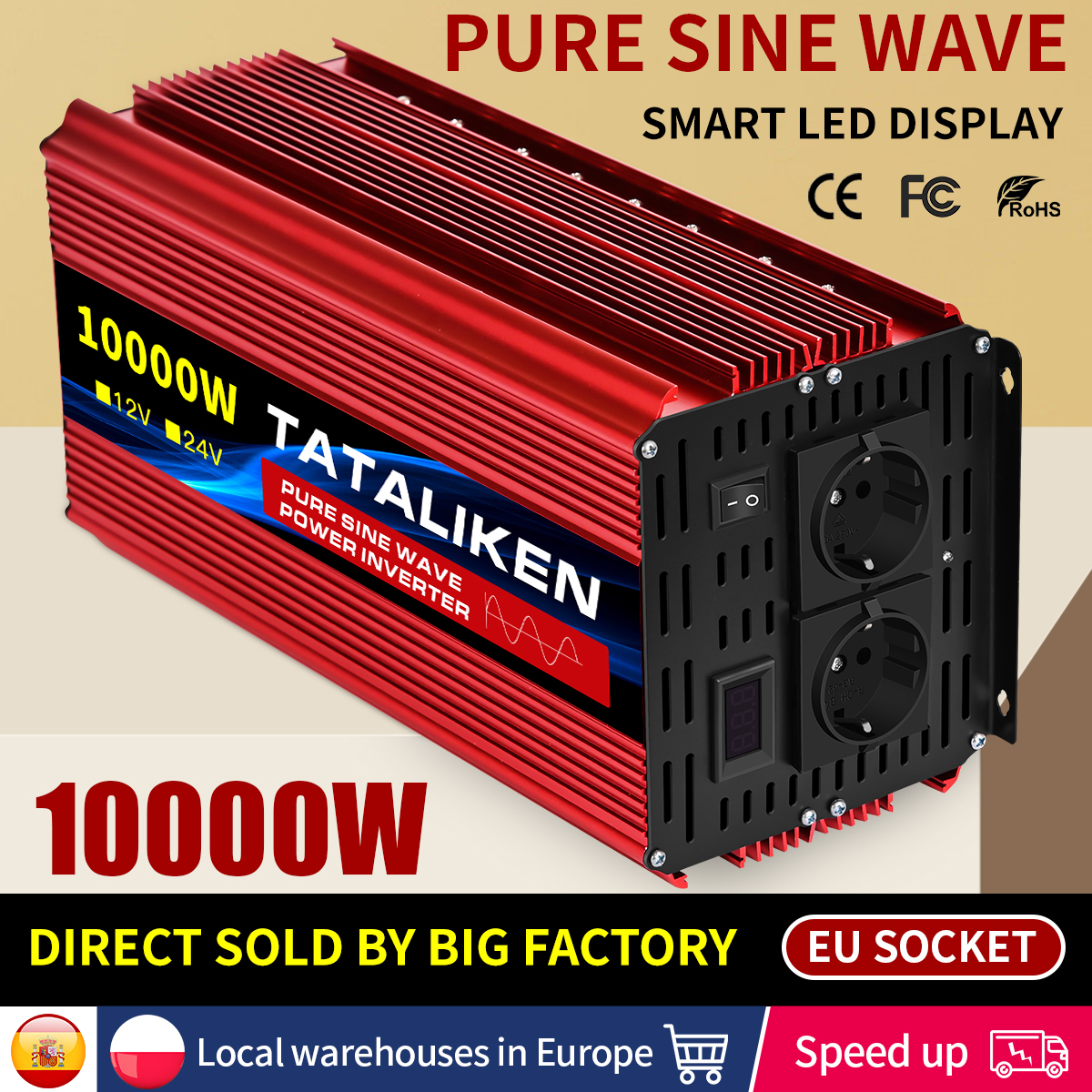 Onduleur à onde sinusoïdale Pure, 10000W DC 12V à AC 220V/230V, convertisseur avec affichage LED et prise ue