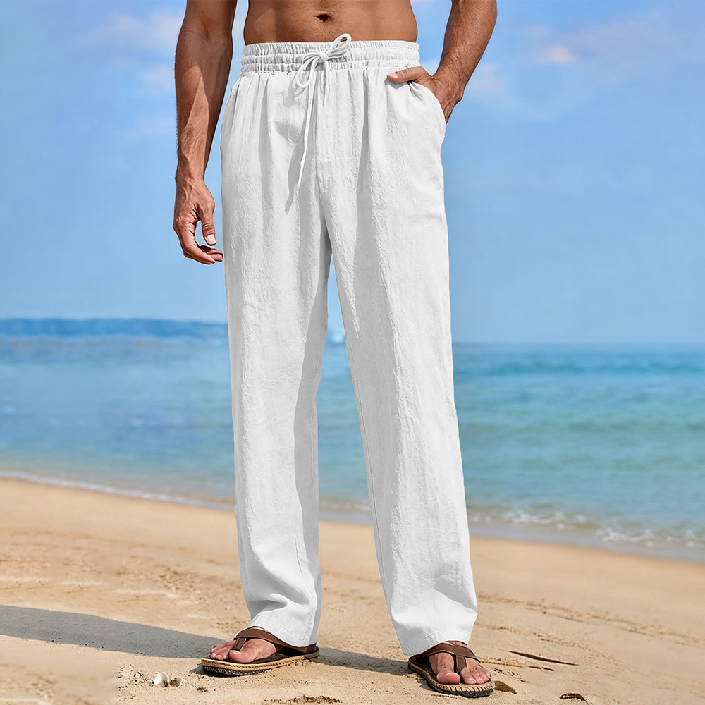 Herenbroek met rechte pijpen, katoenlinnen, ademend, lichtgewicht, effen kleur, gezellige lange broek, Hawaiiaanse vakantiestijlbroek