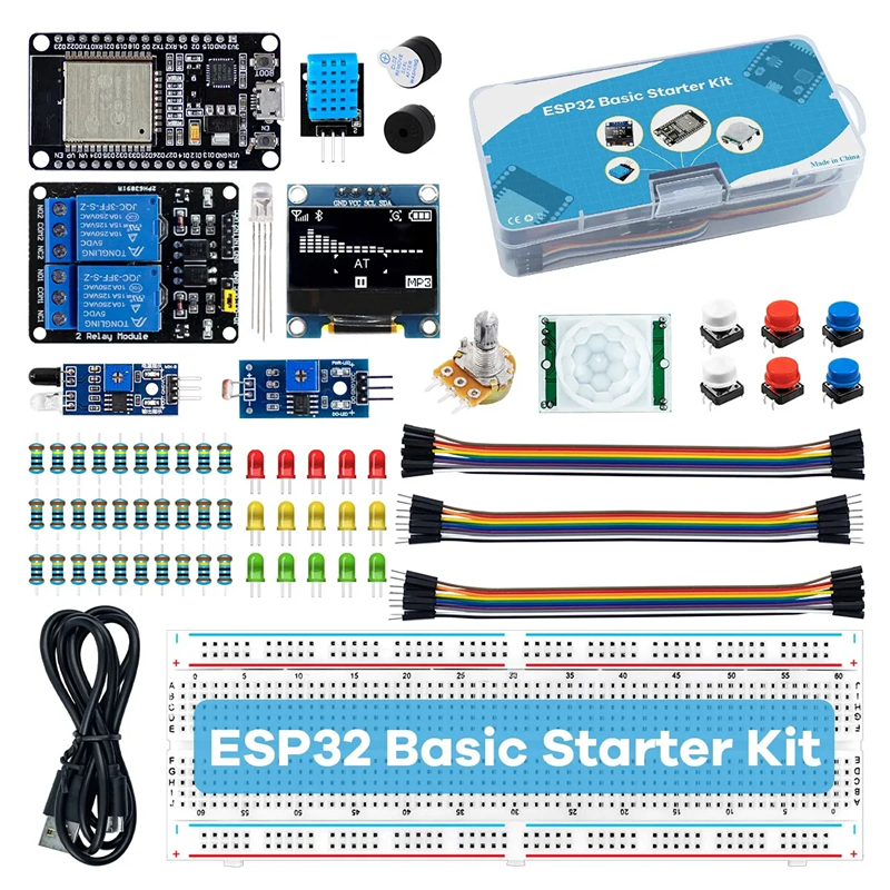 Kit de démarrage de base pour carte de développement ESP32 ESP-32S WIFI pour projets Arduino, kit d'apprentissage avec tutoriels, kit ESP32 avec boîte