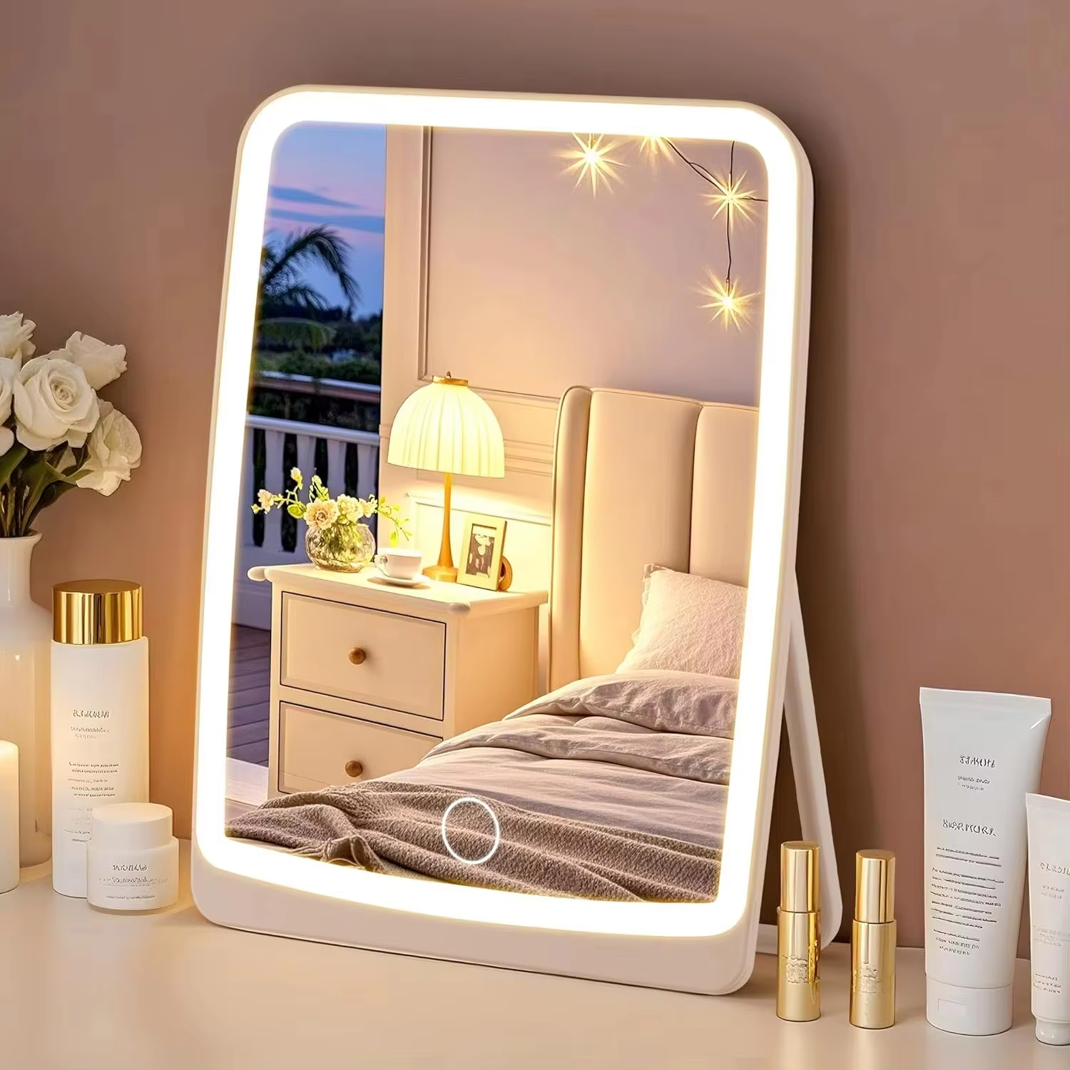 3 Colors Dimmable LED Makeup Mirror with Touch Screen Fold Cosmetic Makeup Mirror Rechargeable Tabletop for Travel & Home Use