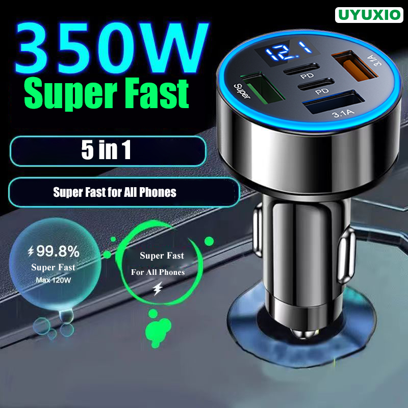 UYUXIO Adaptador de cargador de teléfono para automóvil USB 5 en 1 con pantalla de voltaje Puerto PD dual Carga súper rápida para iPhone Samsung Huawei OPPO
