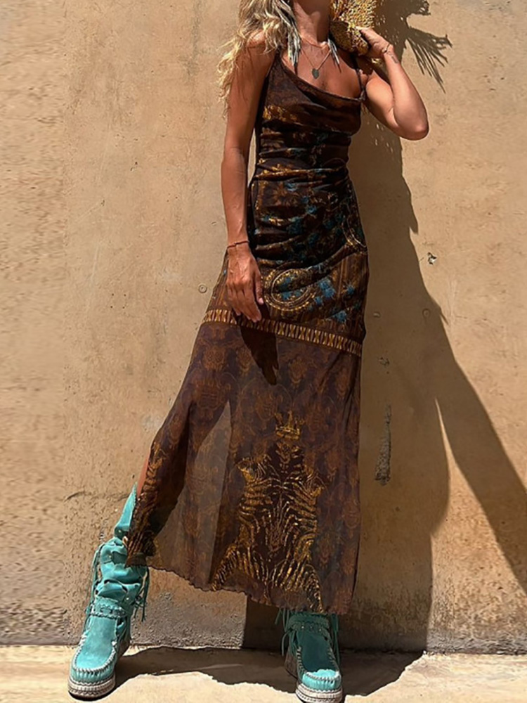 Vintage vakantiejurk met spaghettibandjes, dames zomer mouwloze print feestjurk, 2024 rugloze elegante damesjurk