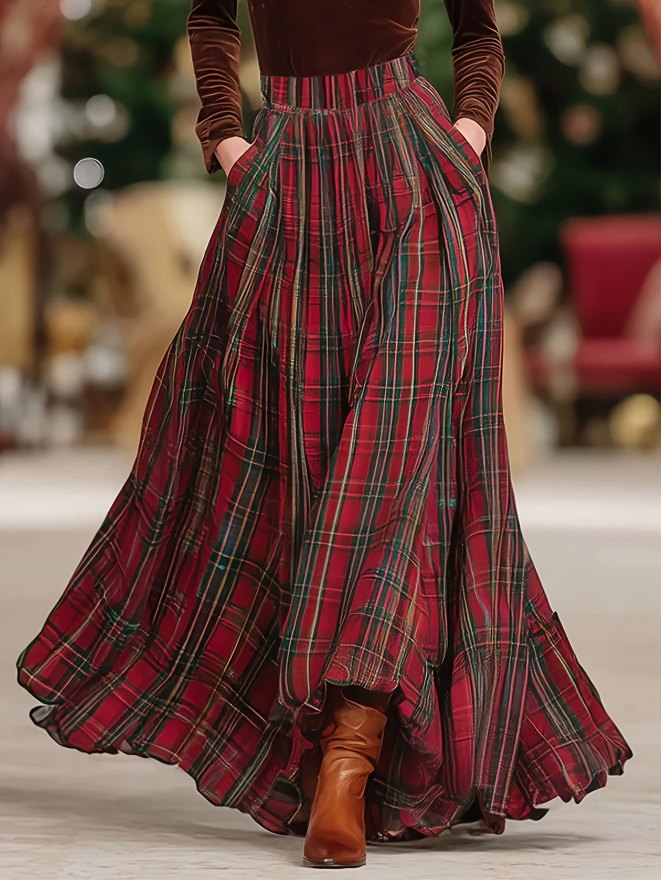 Elegante retro geruite rok voor dames in grote maten, met elastische taille, zonder riem, geschikt voor alle seizoenen, perfect voor dagelijks gebruik en woon-werkverkeer.