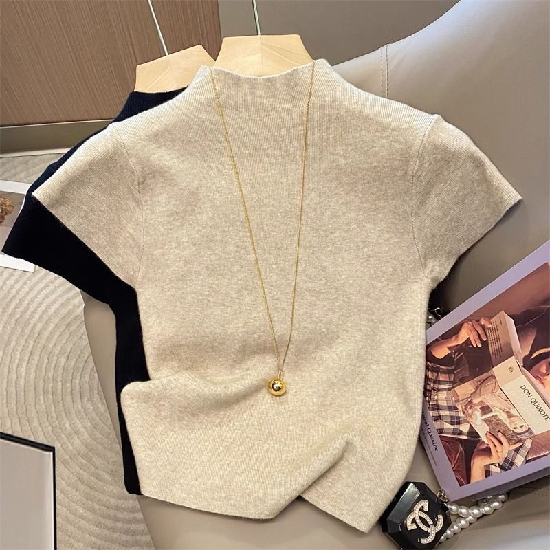 Jersey básico de cuello alto para mujer, Jersey liso fino de verano, suéter tejido para mujer, suéter ajustado de manga corta 2026