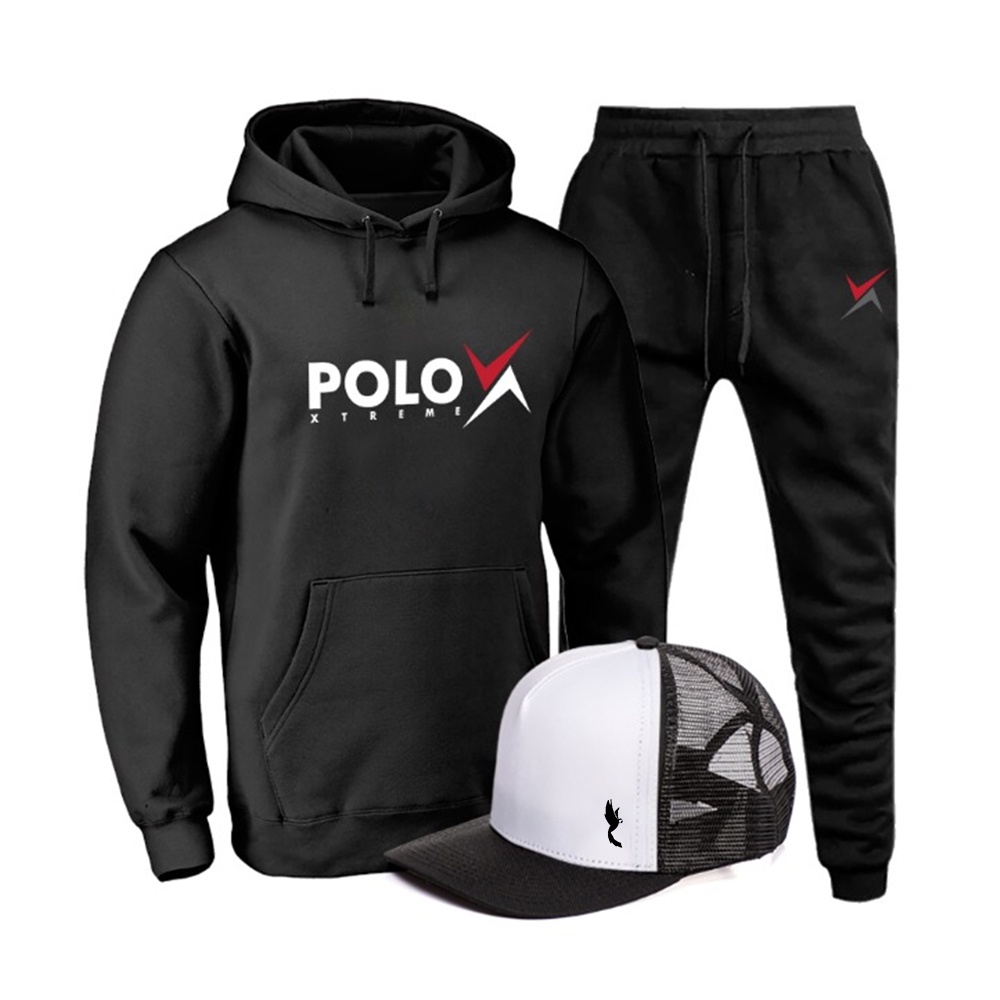 Conjunto Moletom Masculino Confortável Canguru + Boné Macio Flenelado Preto do P ao EXG