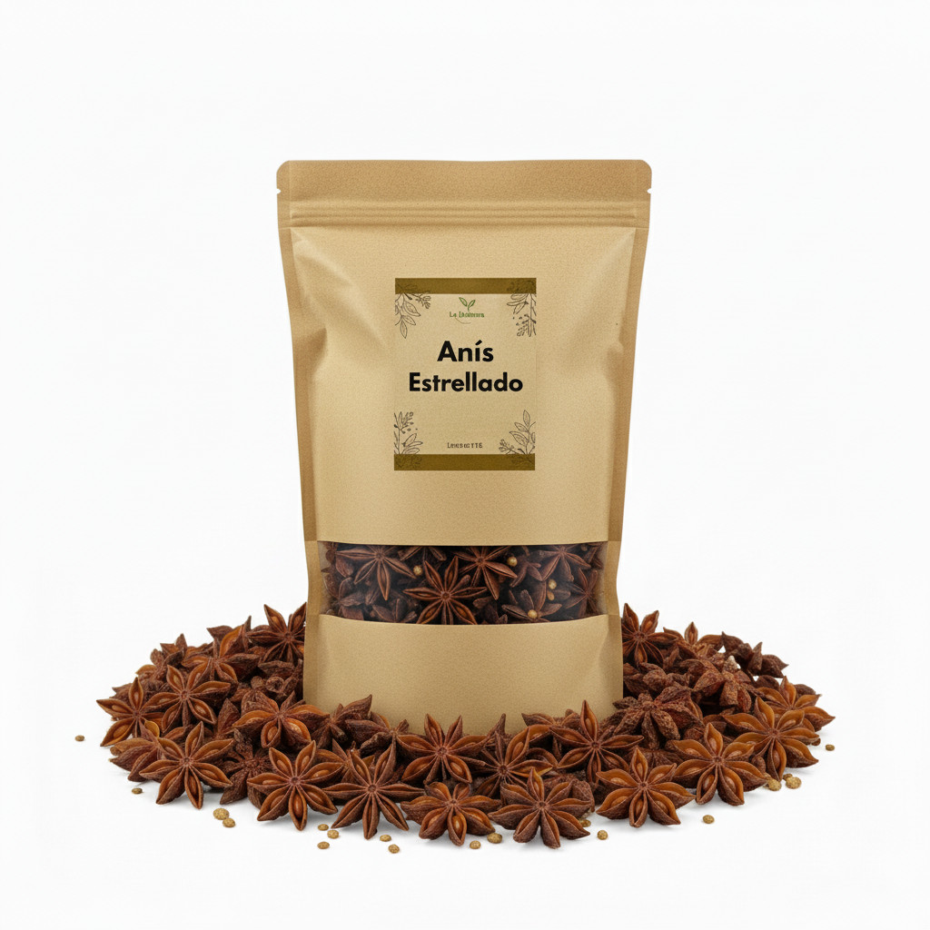 La Herbera |   Anís Estrellado Entero, Illicium verum, Fruto Seco |   Anís de China Badiana |   Infusión, cocina, repostería, condimento |   Especias aromáticas a granel |   Envasado en España, selección artesanal |   Anís estrellado entero, vainas de aní