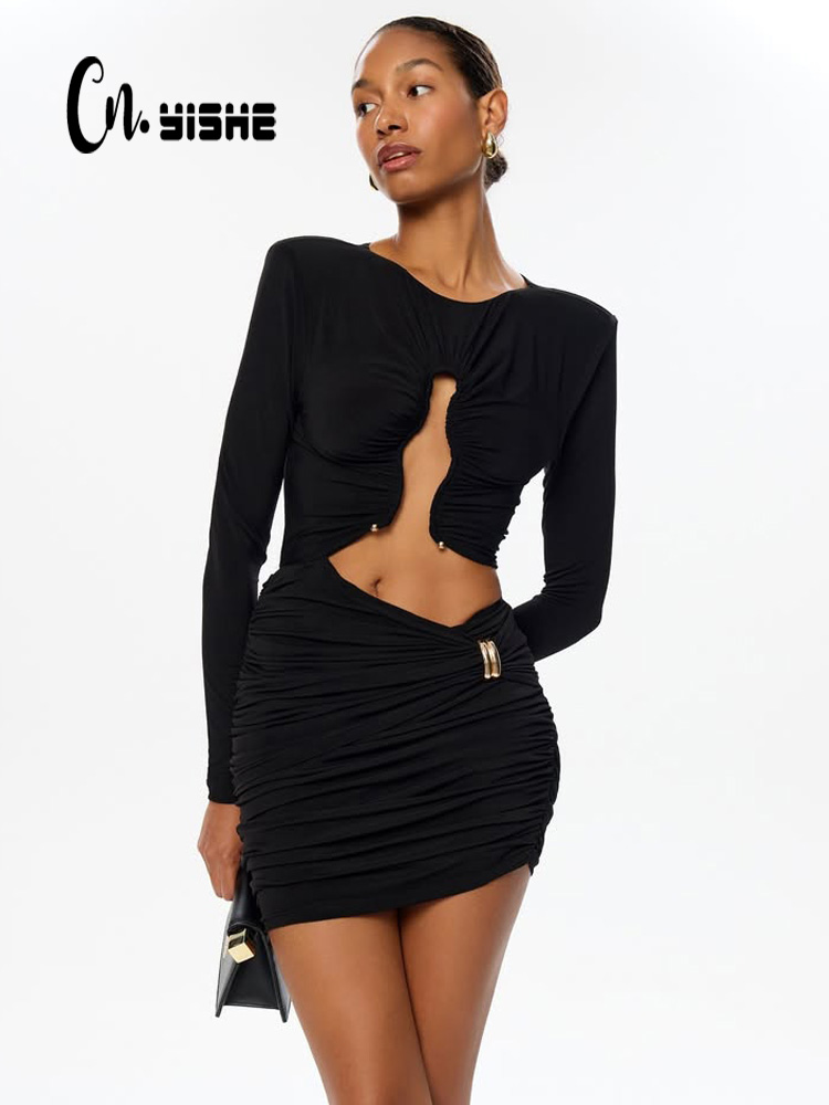 Cnyishe o pescoço hip envoltório vestidos femininos manga longa oco para fora moda sexy clube magro sólido hip envoltório bodycon feminino elegante