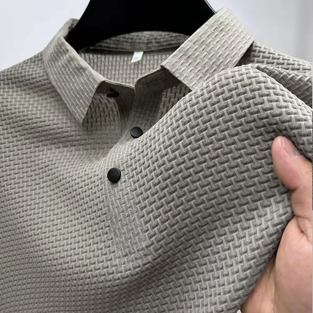 Novedad de verano, camiseta de manga corta con solapa de seda helada para hombre, Polo transpirable de Color sólido con sensación fresca, camisetas de estilo básico