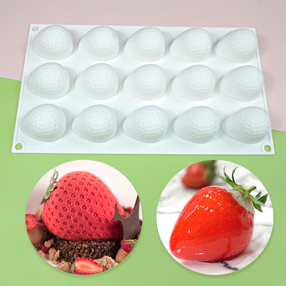 Cetakan silikon stroberi 15 lubang untuk memanggang Mousse 3D buah coklat cetakan dekorasi kue alat aksesori dapur