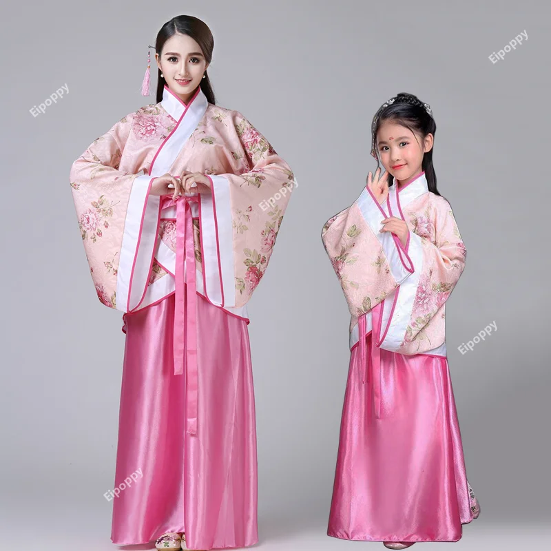 Детская китайская одежда Hanfu, детское традиционное сценическое платье с цветочным узором для девочек, женское танцевальное платье для взрослых, фея