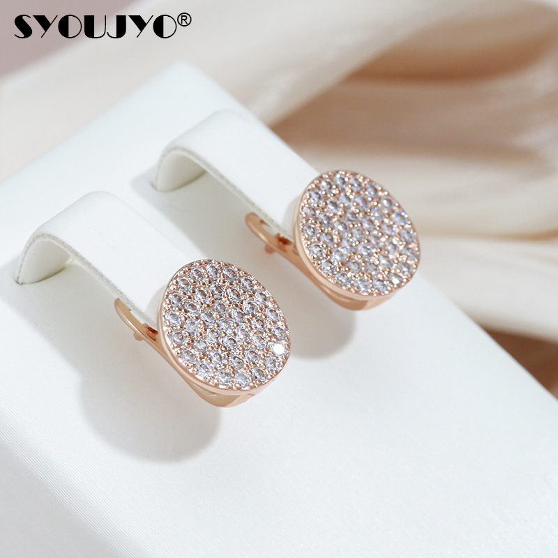 SYOUJYO Orecchini a bottone con zirconi naturali lucidi completamente pavimentati per le donne Lusso 585 Orecchini da sposa color oro rosa Gioielli raffinati
