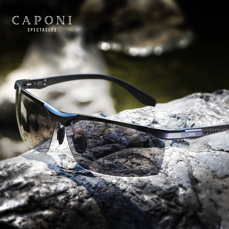 CAPONI แว่นตากันแดดผู้ชาย Polarized ขับรถกีฬา Photochromic UV400 Sun แว่นตาชายอลูมิเนียมคาร์บอนไฟเบอร์ Protect Eyes BS8780