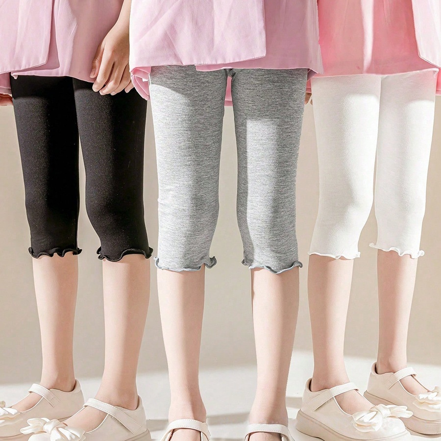 Leggings de Verão para Meninas Estilo Doce com Babados, Calças de Comprimento Médio em Cor Sólida, Cintura Elástica e Respirável para Crianças
