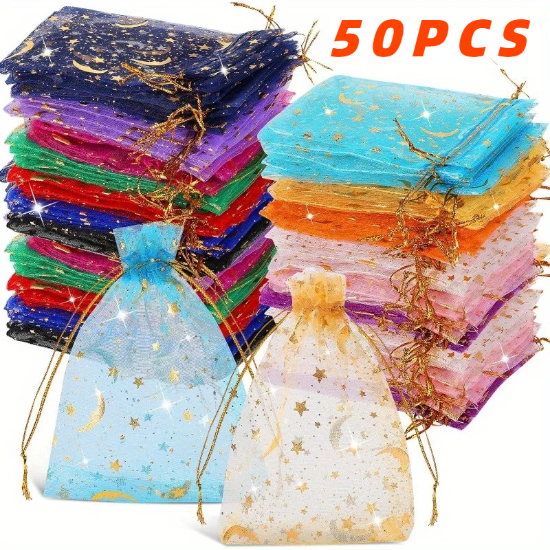 50 STKS Maan Sterren Organza Zakjes met Trekkoord Sieraden Geschenkzakjes Zakjes Gouden Ster Organza Gunstzakjes voor Kerst Bruiloft