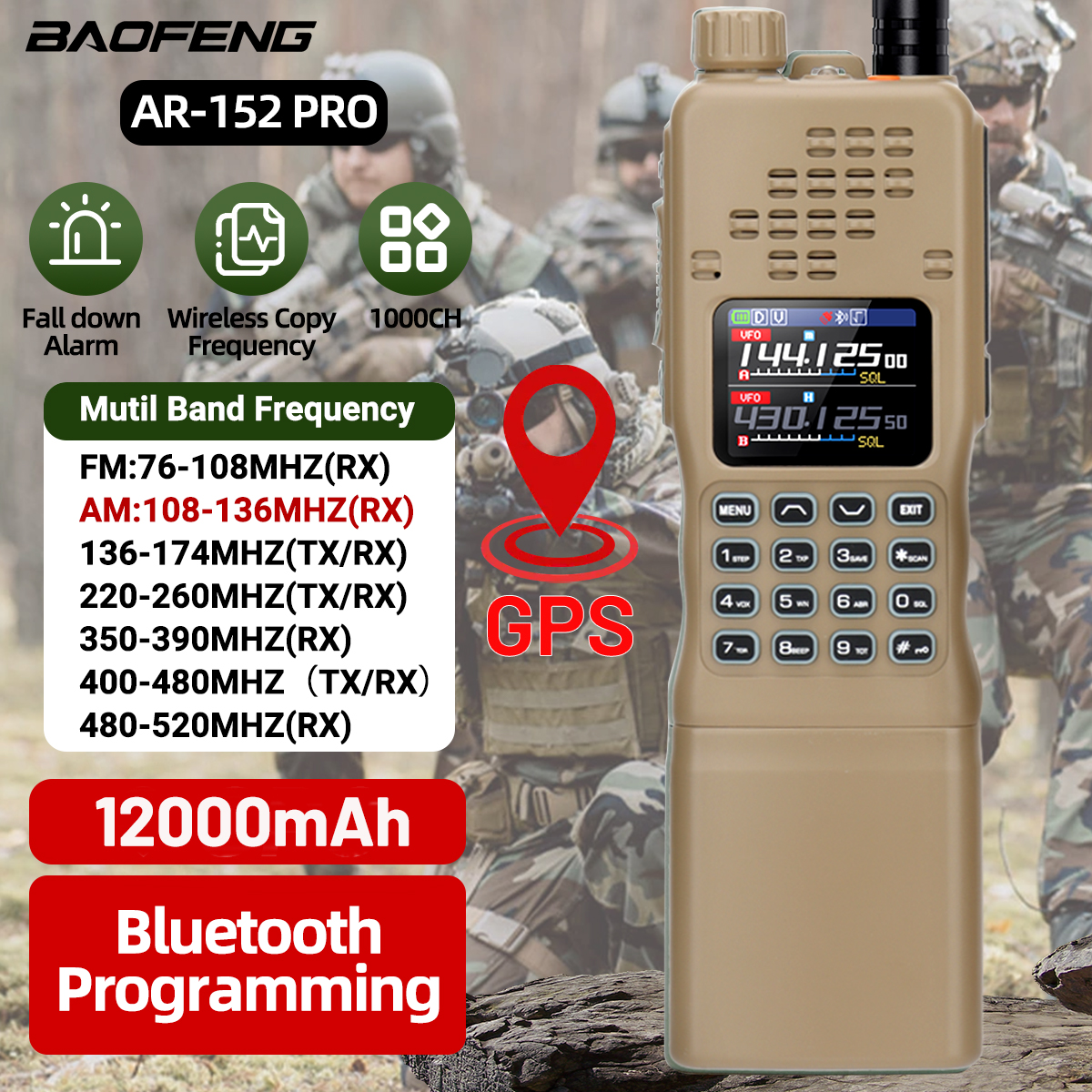 Baofeng AR-152 Pro Walkie Talkie GPS 50KM Ham Tactial Militar Radio bidireccional Batería más grande AN /PRC-152 Transceptor multibanda