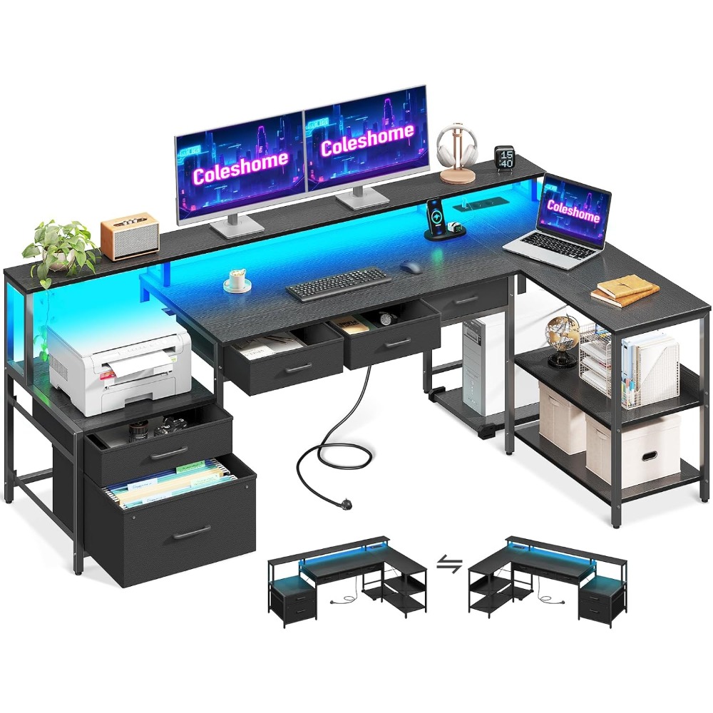 Escritorio con cajones, mesa de juegos con 2 puertos de carga USB y 2 enchufes, escritorio de esquina Reversible con Led y soporte para Monitor