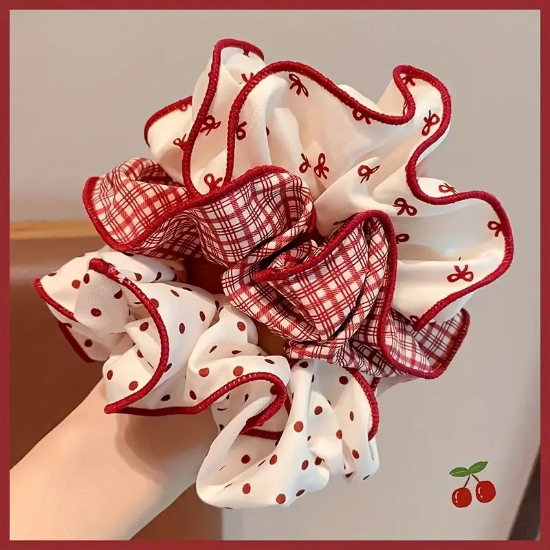 2/3 pçs high end vermelho bonito dot xadrez scrunchies para mulheres meninas macio elástico laços de cabelo suave faixas de cabelo moda acessórios para o cabelo