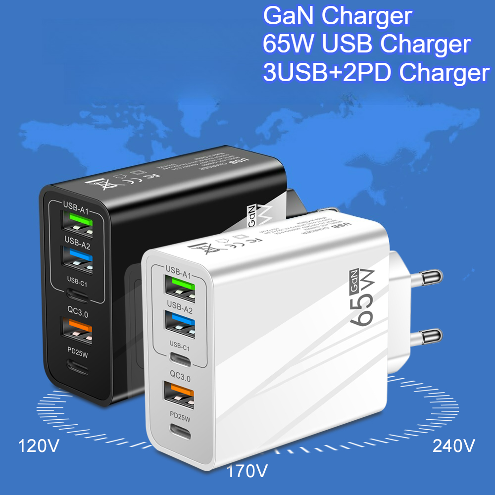 Total 65W Fast Charger PD 20W 5 Ports USB Charger QC 3.0 Phone Adapter For Samsung Xiaomi Huawei Wall Charge Adapter For Phone