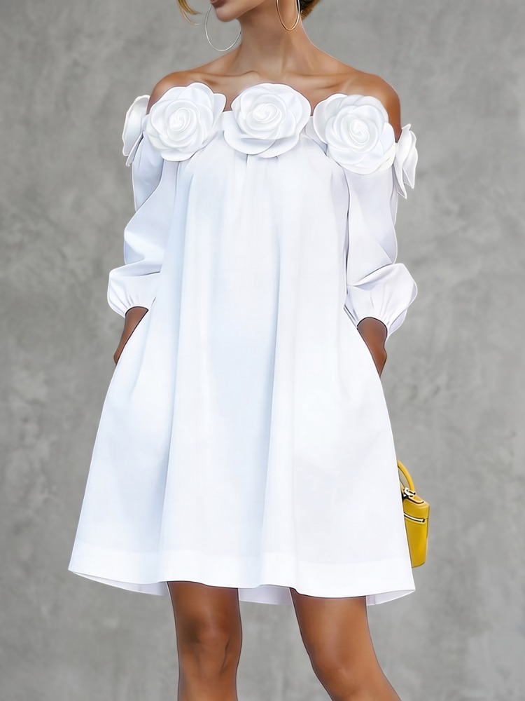 UOOZEE Damen Baumwollmischung 3D-Rosen Schulterfreies Weißes Mini-Kleid 2026 Neu 3/4 Ärmel Locker Elegantes Party A-Linien-Kleid