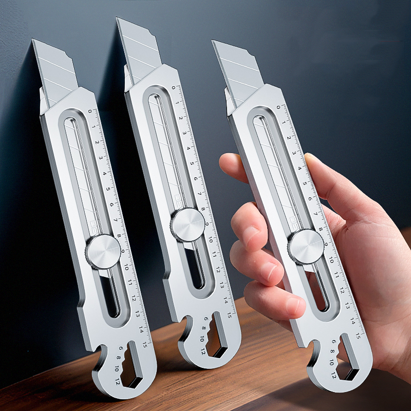 Cuchillo de utilidad multifuncional 6 en 1, tejido de acero inoxidable, papelería, cortador multiusos, abridor de botellas de estaño, regla de tornillo