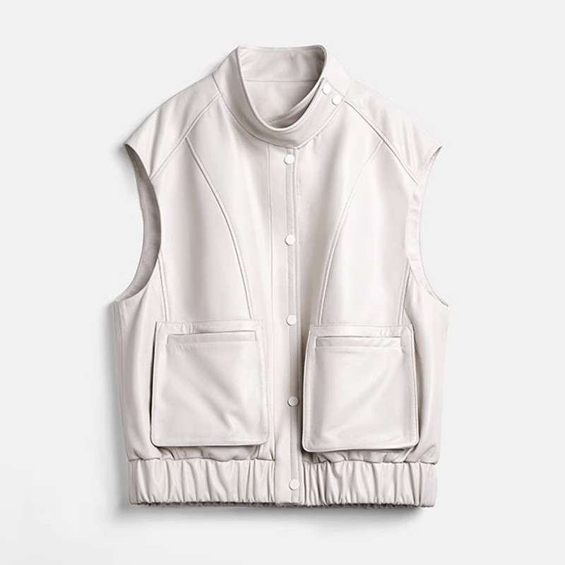 Women's Sheepskin Vest, Cargo Pocket, Loose, Casual Jacket, Stand Collar, Sleeveless, Single Breasted Vest, Autumn and Winter