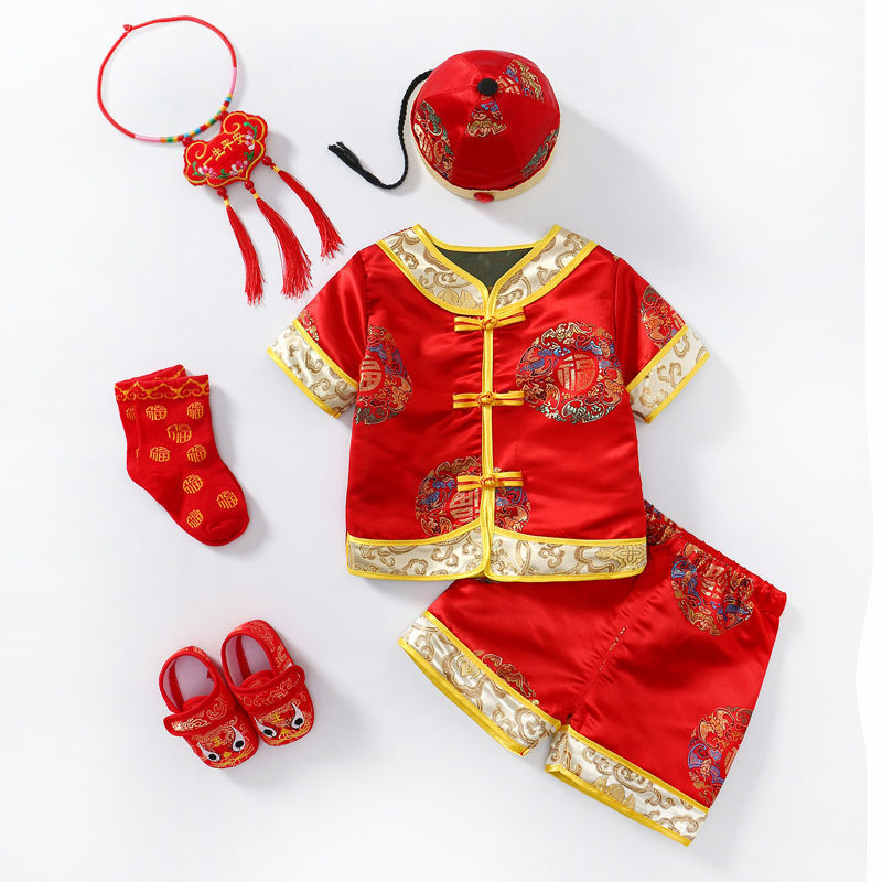 Crianças tang terno fotografia roupas chinês tradicional ano novo traje do bebê recém-nascido hanfu chapéu crianças shorts de manga curta