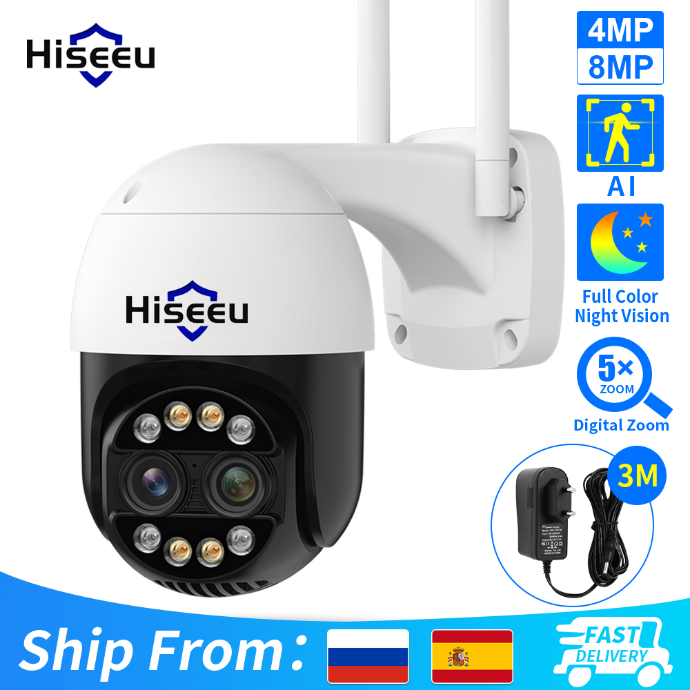 Hiseeu-Caméra de surveillance extérieure PTZ IP WiFi HD 8MP/4K, dispositif de sécurité sans fil, avec n'aime x8, vision nocturne et détection humaine