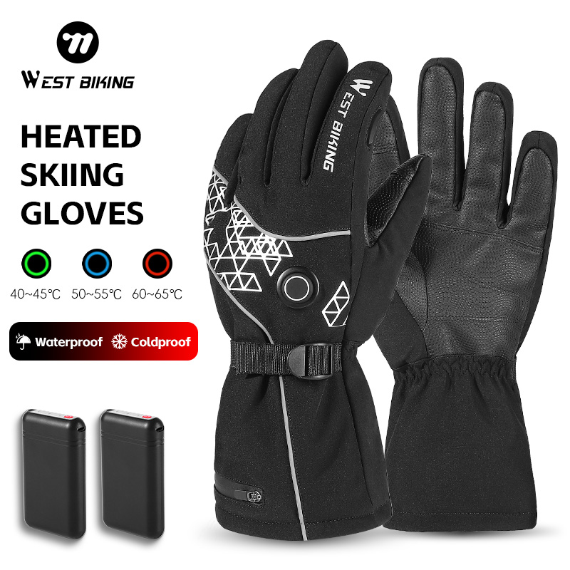 West biking inverno luvas aquecidas com banco de potência esqui motocicleta ciclismo antiderrapante tela toque luvas velo equipamentos esportivos térmicos