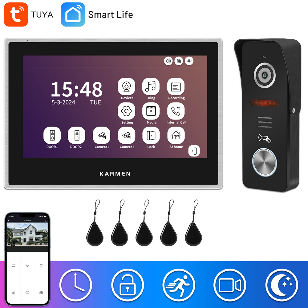 KARMEN Wifi Video Deurtelefoon, Tuya Smart Intercom Systeem, 7 Inch Touchscreen Display, Legering Deurbel, Rfid Unlock,Video Record