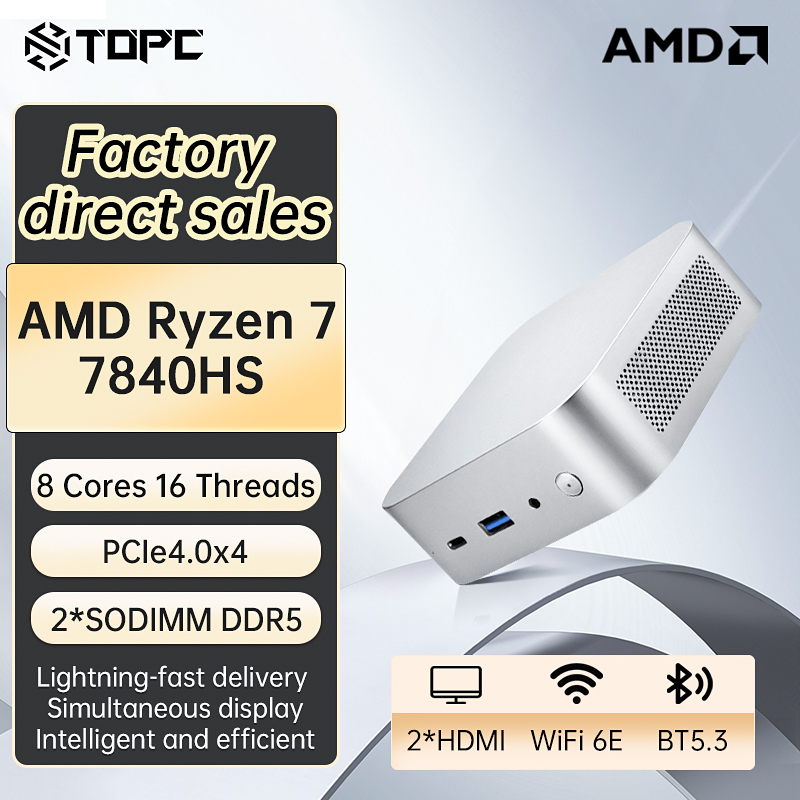 Mini PC TOPC AMD Ryzen 7 7840HS con Windows 11 Pro, 8 Núcleos, 16 Subprocesos, Computadora para Juegos, Pantalla Triple 4K, USB4, WiFi 6E, BT5.2, 780igpu