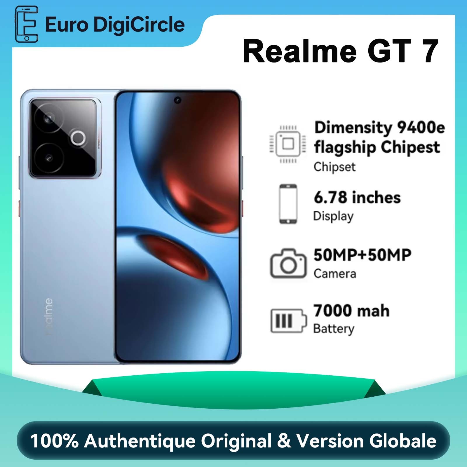 【Versión UE】 realme GT 7, Chipset Lighthouse 5G Dimensity 9400e, 6,78 pulgadas, refrigeración mejorada, carga rápida de 120W, mAh, 50MP 2X, IP69