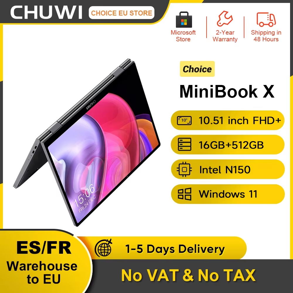 Laptop CHUWI MiniBook X N150 10,51 cala 16 GB RAM 512 GB SSD 2-w-1 Tryb Yoga Intel Windows 11 Notebook 360 °   Przełączalny tryb WiFi 6
