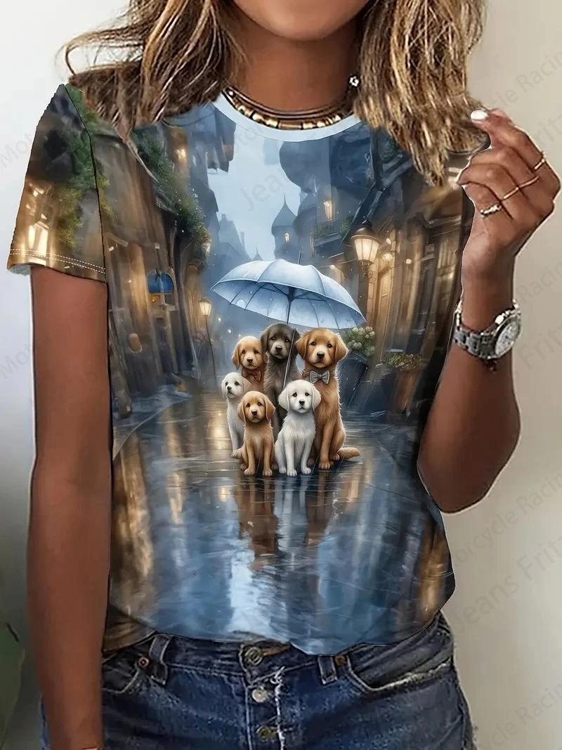 Camiseta Kawaii con estampado 3D de gato y perro para mujer, ropa informal Harajuku, Tops de moda para niñas, camisetas con estampado de animales bonitos