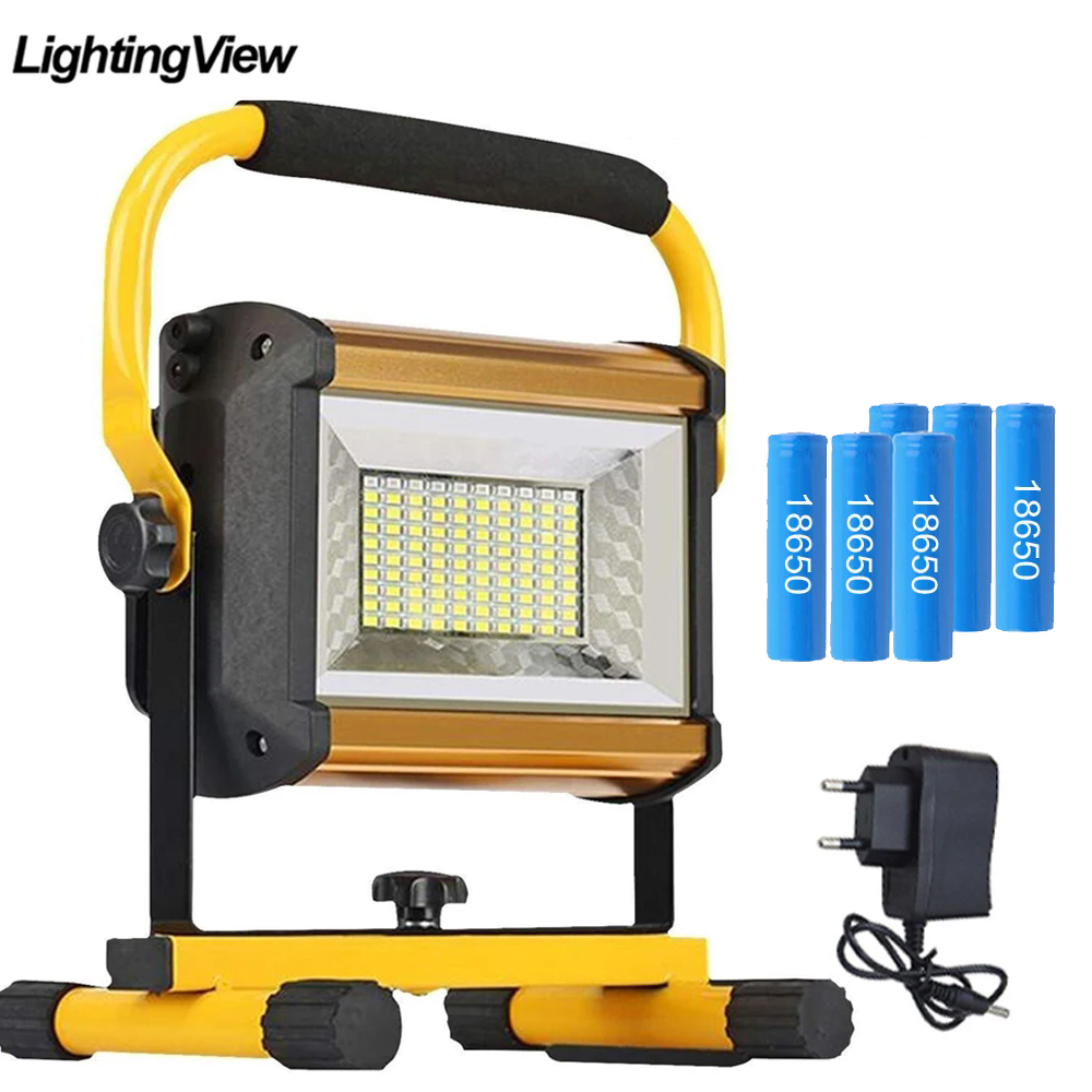 Portátil Metal LED Projector, lâmpada construção, luz de inundação ao ar livre, baterias recarregáveis, camping, caminhadas, pesca, 100W