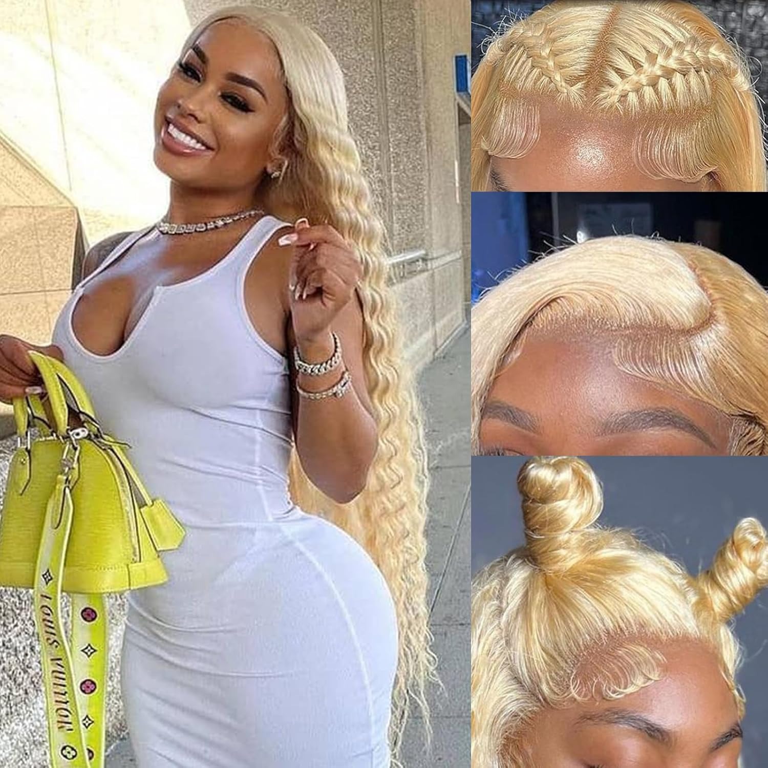 613 onda profunda hd peruca frontal do laço densidade longa loira encaracolado peruca onda de água 613 peruca pré arrancada com cabelo do bebê para mulher