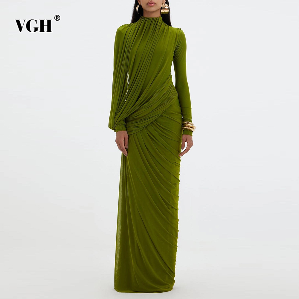 VGH Elegante Vintage-Kleider mit gespleißten Bändern für Damen, Rollkragen, lange Ärmel, unregelmäßige Falten, luxuriöses Abend-Maxikleid für Damen
