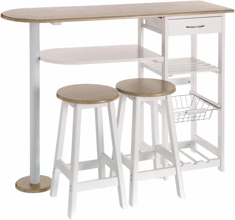 LOLAhome Conjunto de Mesa Alta y 2 taburetes con 1 cajón, 2 estantes, Cesta extraíble y botellero para Cocina de Madera Blanco y