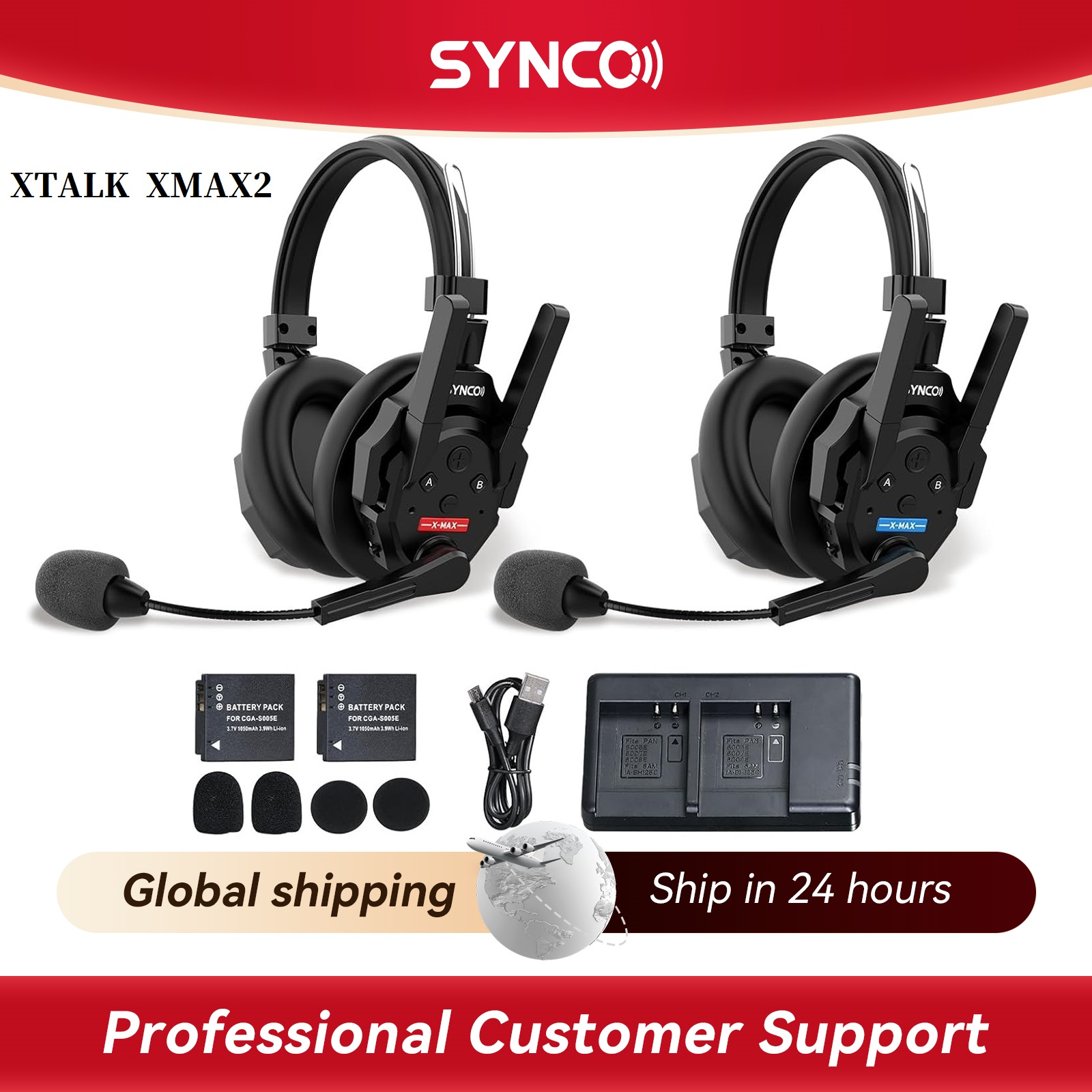 SYNCO XTALK XMAX2 Беспроводная гарнитура для внутренней связи, 2-местные гарнитуры с двумя ушами, 500 м/1640 футов с шумоподавлением