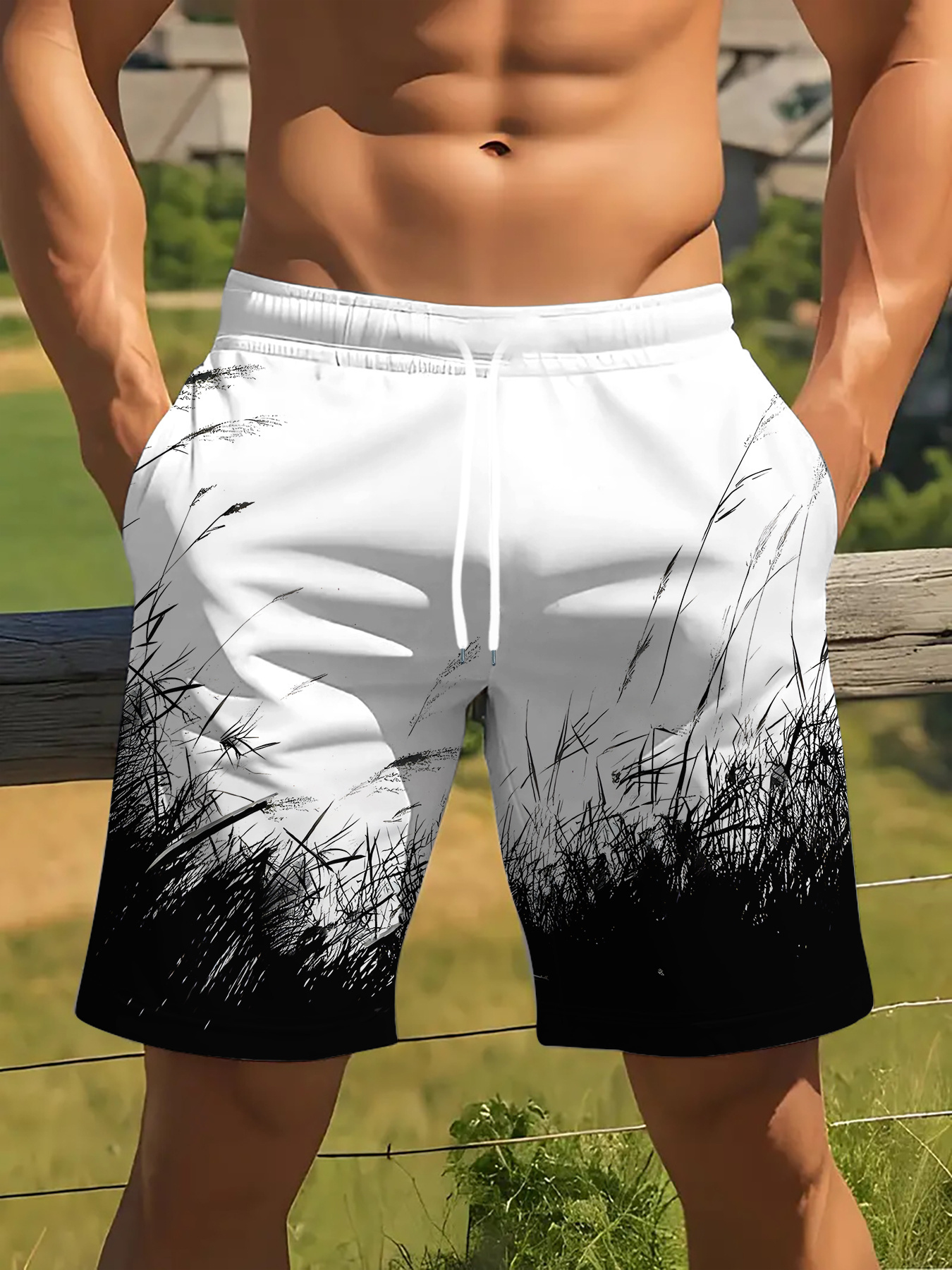 Shorts de Baño para Hombre con Estampado de Silueta de Hierba en Degradado de Blanco a Negro, Secado Rápido, con Cordón Ajustable y Bolsillos