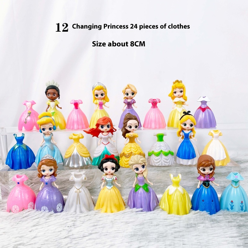 24 stücke Prinzessin Cinderella Belle Alice Schneewittchen Ariel Rapunzel PVC Action-figuren Austauschbare Kleidung Spielzeug Puppen Geschenke