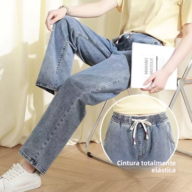 Calças Jeans Plus Size com Cintura Elástica para Mulheres Estudantes, Largas e Soltas, de Cintura Alta, Cor Clara, Estilo Casual