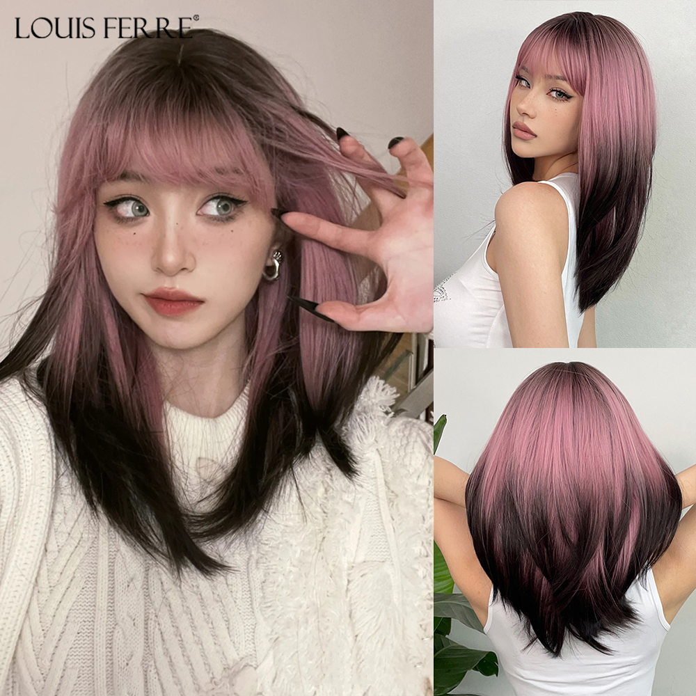 LOUIS FERRE สีดําสีชมพู Ombre วิกผมสังเคราะห์สําหรับคอสเพลย์ยาวตรง Layered Wigs กับ Bangs สําหรับผู้หญิงทนความร้อนผมปลอม