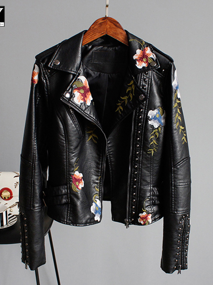 Ly varey lin impressão floral bordado falso jaqueta de couro macio feminino pu motocicleta casaco feminino preto punk zíper rebite outerwear