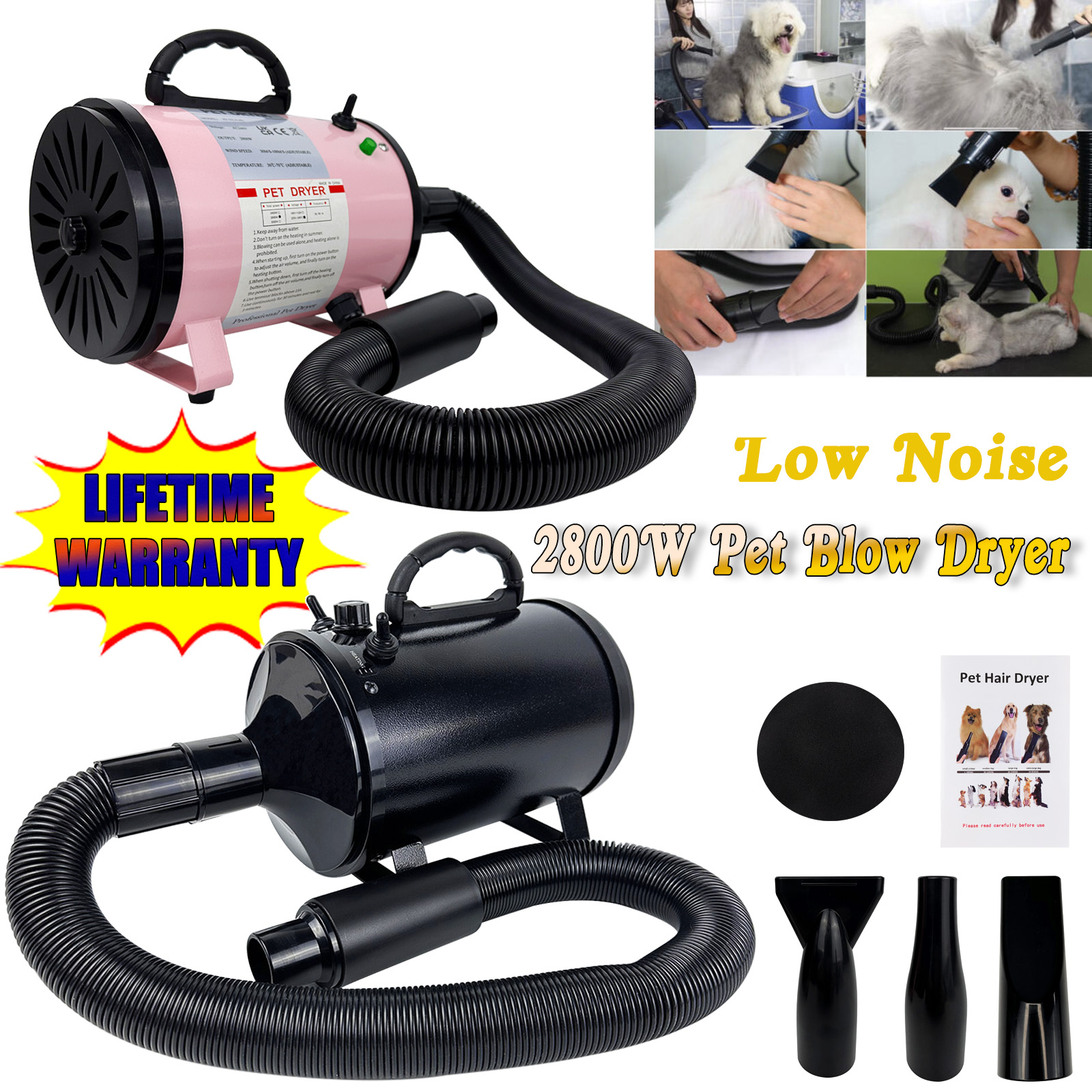 Vickyhome ไดร์เป่าผมกรูมมิ่งสำหรับสัตว์เลี้ยงแมว2800วัตต์ไดร์เป่าผมขนสัตว์ที่มีประสิทธิภาพความเร็วตัวแปรระดับมืออาชีพ3หัวฉีด