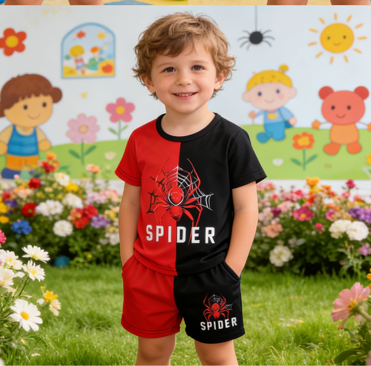 Completo estivo da ragazzo a maniche corte a blocchi di colore rosso-nero con stampa 3D, completo casual in due pezzi per bambini