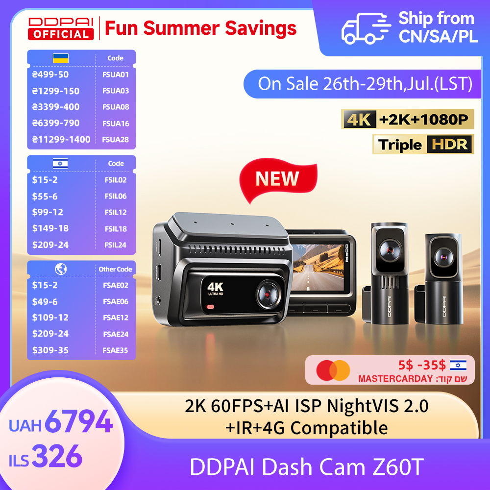 Caméra embarquée DDPAI Z60T 3 canaux HDR 4K+2K+1080P Vision nocturne avant arrière intérieure Surveillance de stationnement 24H ADAS DVR de voiture