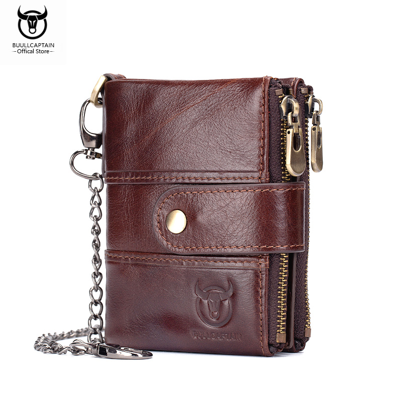 BULLCAPTAIN-cartera de cuero genuino para hombre, Cartera de bolsillo multifuncional con cadena de moda, función Rfid, alta calidad