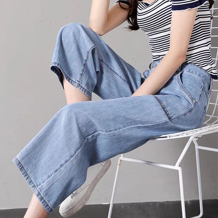 Calças Jeans de Cintura Alta com Pernas Retas para Mulheres, Calças Largas Finas de Verão, Ajuste Solto, 9 Peças em Denim Azu...