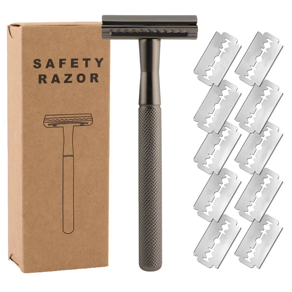 Maquinilla de afeitar de seguridad de doble filo para hombres y mujeres, maquinilla de afeitar de metal con 10 hojas de afeitar de seguridad recubiertas de platino, maquinilla de afeitar ecológica